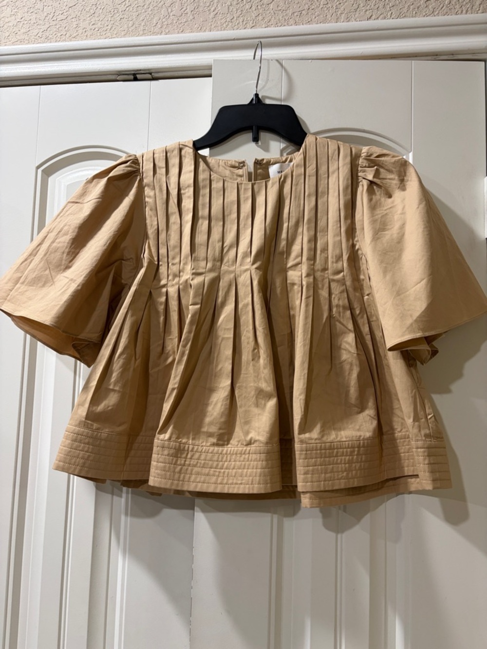 Boxy Pintuck Cotton Blouse in Camel